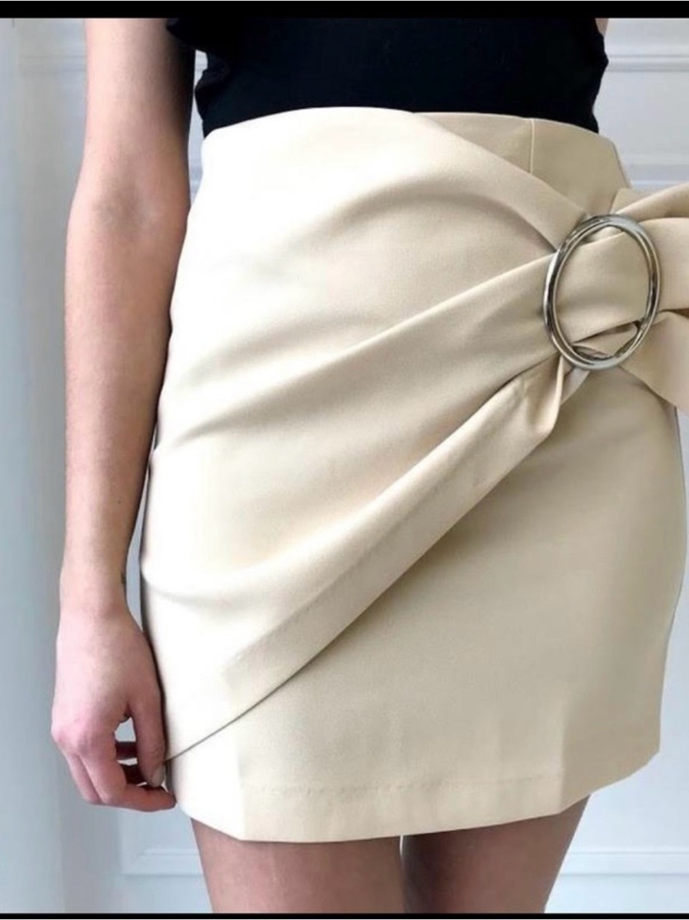 Elegant Cream Wrap Mini Skirt with Silver Ring Detail